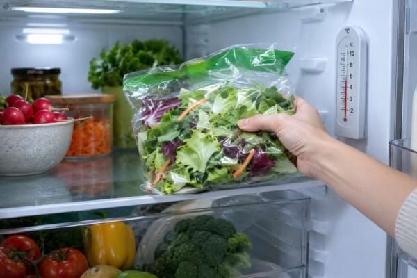 Sachet de salade conservé dans un réfrigérateur avec thermomètre visible.