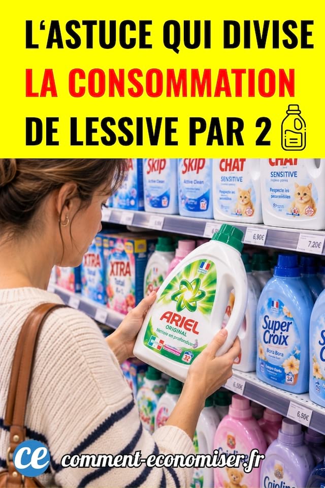 Une femme tenant un bidon de lessive à 2 mains