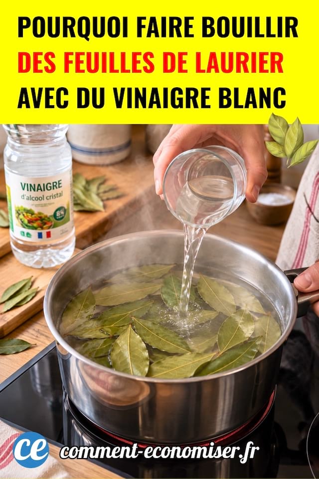 Une personne verse du vinaigre blanc dans une casserole avec des feuilles de laurier