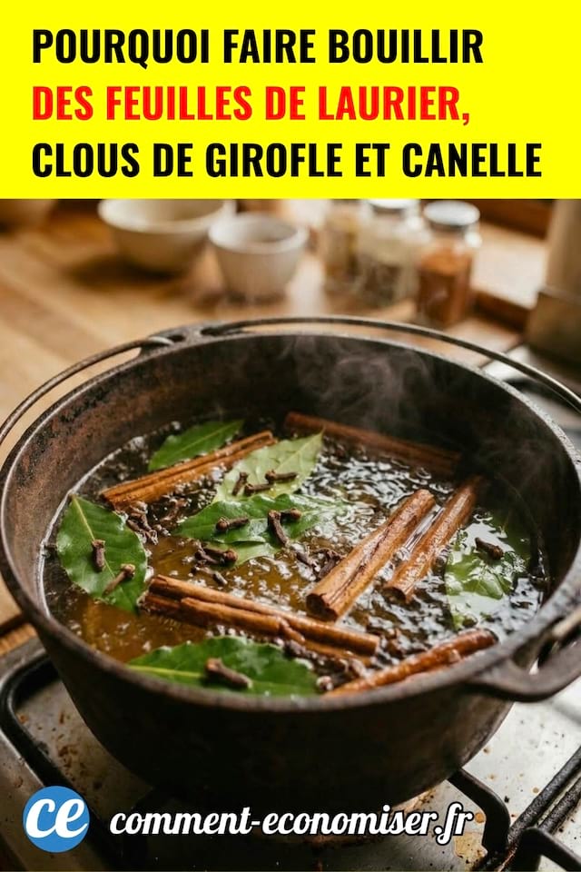 Une casserole qui bout avec des feuilles de laurier, de la cannelle et des clous de girofle