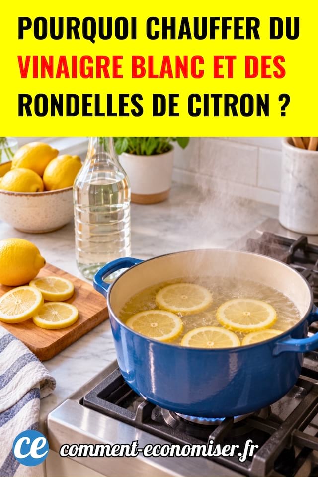 une casserole qui bout avec du vinaigre blanc et du citron dedans
