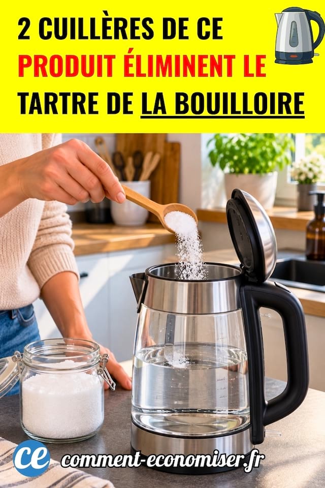 Une femme met une cuillère à soupe d'acide citrique dans une bouilloire