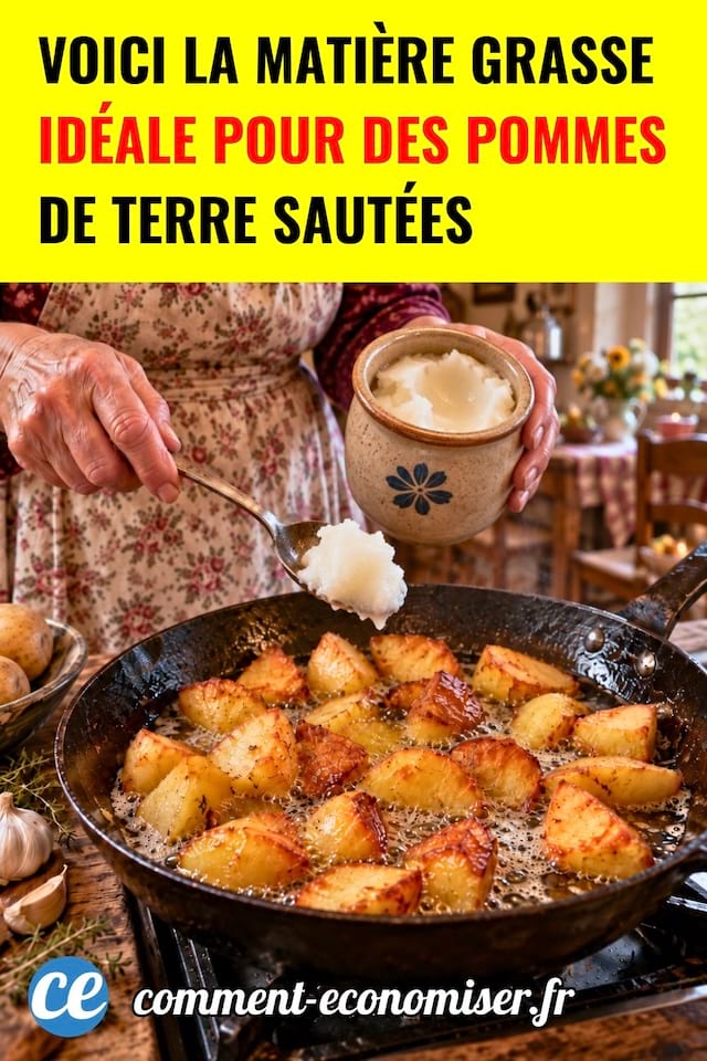 Une femme ajoute de la graisse d'oie pour faire frire des pommes de terre dans sa poele