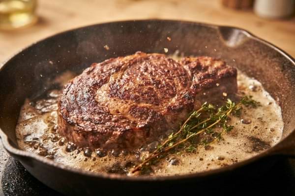 Un steak de bœuf épais en train de grésiller dans une poêle en fonte très chaude