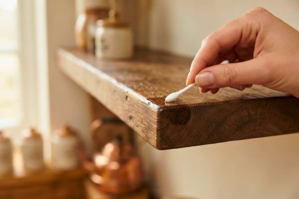 Une main appliquant un produit sur le coin discret d'une étagère en bois