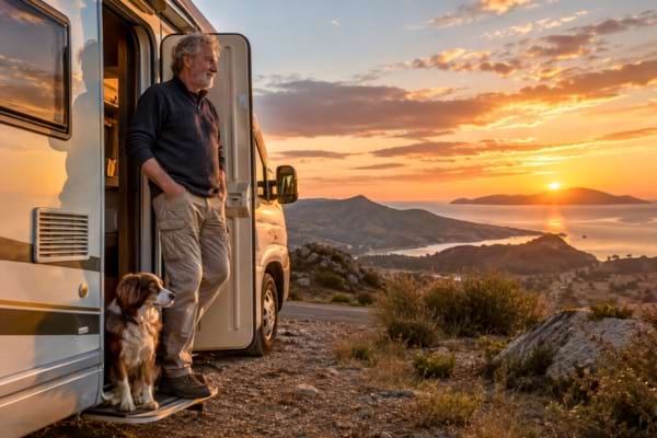 un homme senior souriant et serein, regardant l'horizon