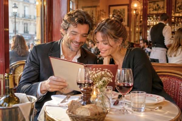 un couple souriant regardant un menu dans un bistrot parisien chaleureux