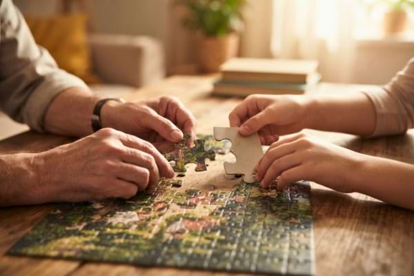 Deux mains de personnes diff&eacute;rentes assemblant des pi&egrave;ces de puzzle