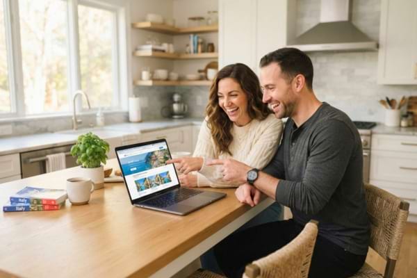 a couple looking together at a laptop screen on a modern kitchen island