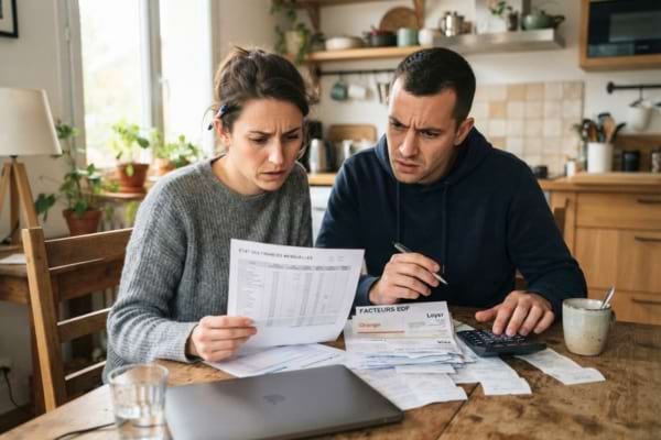 Un couple assis &agrave; une table de cuisine avec des factures et une calculatrice