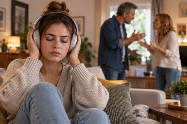 n salon familial où deux personnes se disputent vivement en arrière-plan