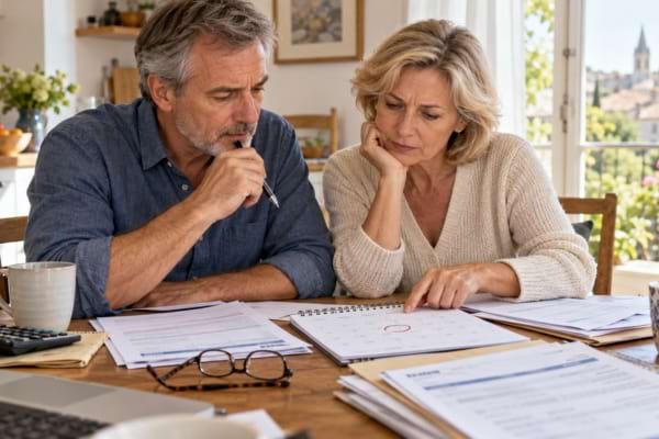Couple de futurs retraités vérifiant leur calendrier et leurs documents de retraite.