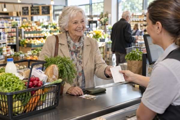 Retraitée souriante récupérant son ticket après avoir fait ses courses au supermarché.
