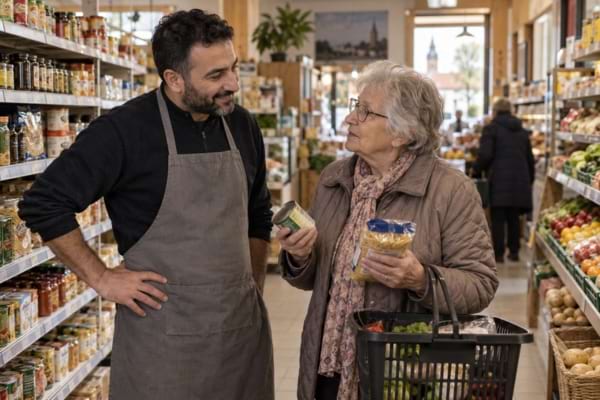 Commerçant échangeant avec une retraitée dans les rayons de son supermarché.