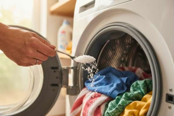 Une main tenant une cuillère à soupe remplie de cristaux de soude blancs