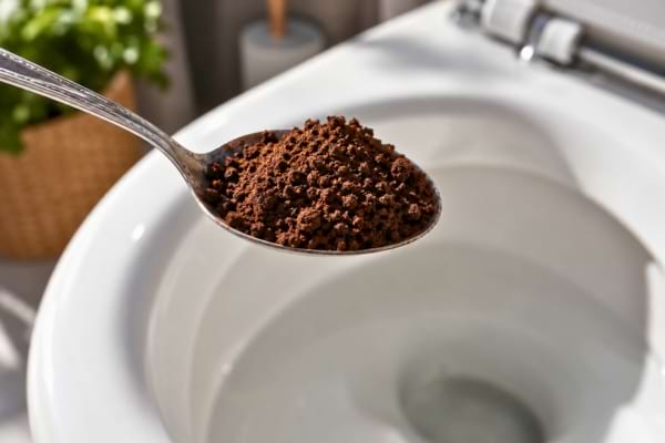 one silver teaspoon filled with wet coffee grounds, held above a toilet bowl