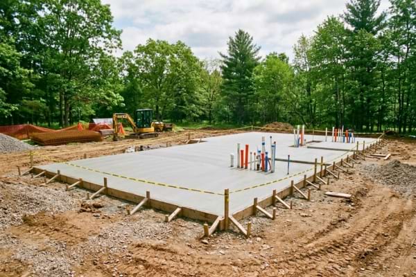 un terrain de construction en préparation, une dalle de béton fraîchement coulée