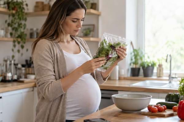 Femme enceinte vérifiant attentivement un sachet de salade avant de le consommer.