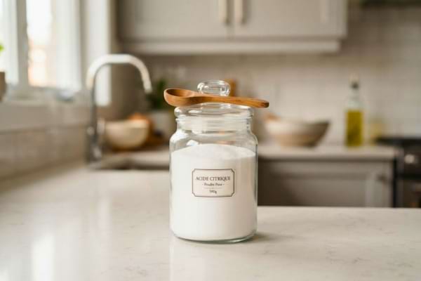 Un joli bocal en verre transparent rempli de poudre blanche d'acide citrique