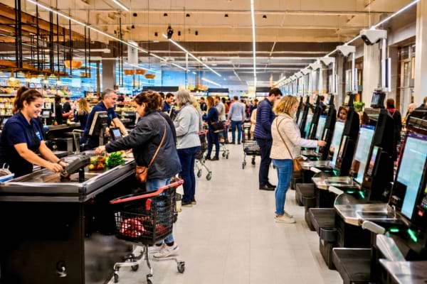 'une ligne de caisses dans un supermarché très fréquenté