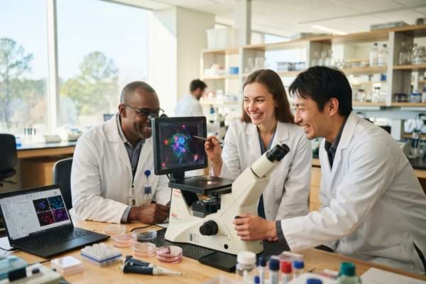 une équipe de scientifiques diversifiée travaillant ensemble autour d'un microscope
