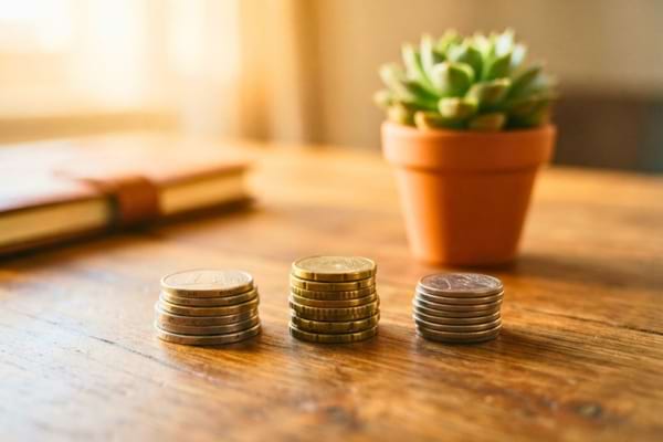 petites piles de pièces de monnaie dorées et argentées alignées sur un bureau