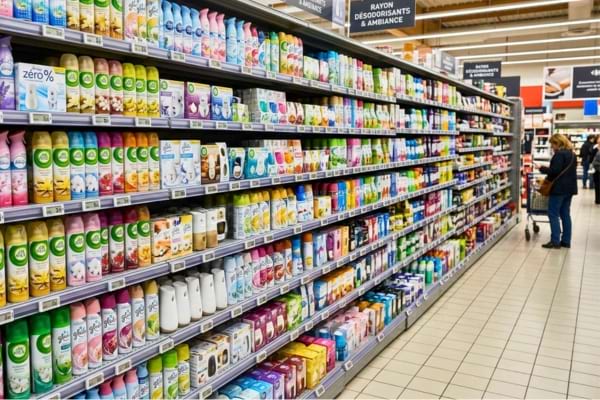 Un rayon de produits désodorisants de supermarché