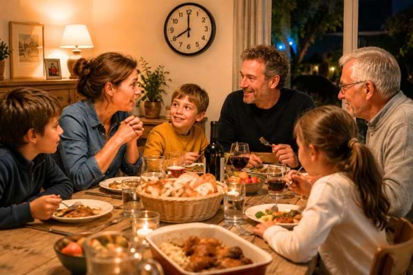 famille réunie autour d'un diner français à 20h