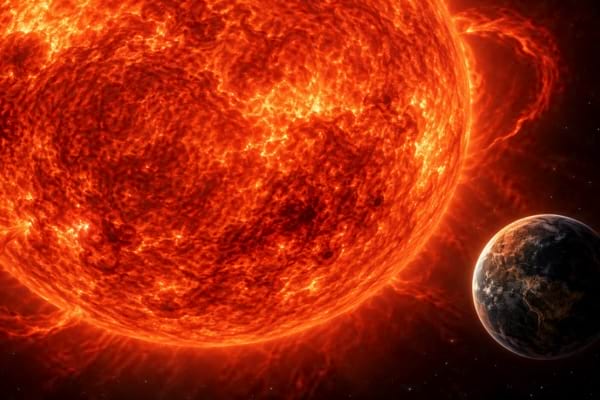 Soleil devenu géante rouge menaçant une Terre brûlée et inhabitable.
