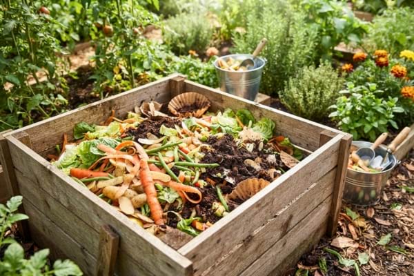 un bac à compost en bois rempli d'épluchures de légumes frais et de marc de café