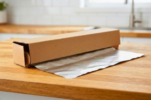 a roll of aluminum foil resting on a wooden kitchen counter, slightly unrolled