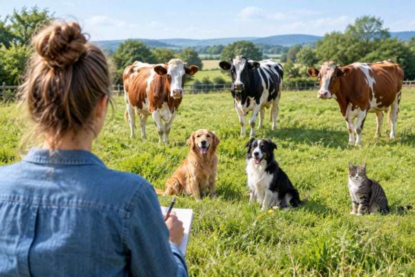 femme qui contemple des vaches, chiens et chat pour r&eacute;soudre une &eacute;nigme