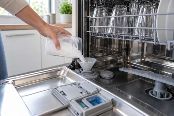 Ajout de sel r&eacute;g&eacute;n&eacute;rant dans le lave-vaisselle pour &eacute;viter les traces sur les verres.