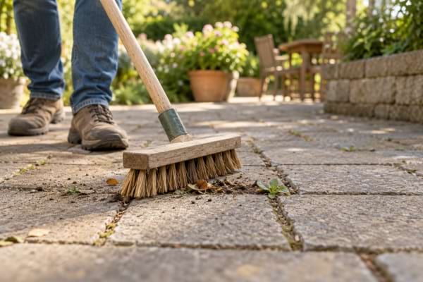Nettoyage des joints entre les pav&eacute;s avec un balai-brosse pour &eacute;viter les mauvaises herbes.