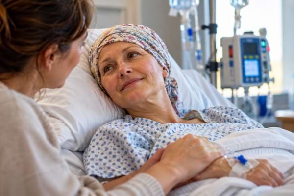 Médecin au chevet d’une patiente atteint d’un cancer du pancréas à l’hôpital.