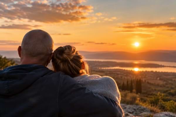 1. Couple enlacé face au coucher du soleil, symbole d’espoir pour les patients et leurs proches.