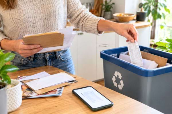 femme qui jette un ticket de caisse dans la puobelle recyclage