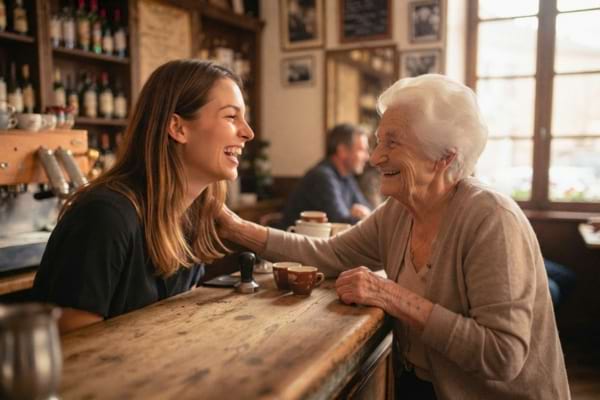 une jeune femme dans la vingtaine et d'une femme tr&egrave;s &acirc;g&eacute;e riant ensemble derri&egrave;re un comptoir de bar, &eacute;cha