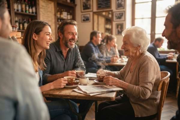 clients de diff&eacute;rentes g&eacute;n&eacute;rations discutant joyeusement autour d'une table de caf&eacute; en bois