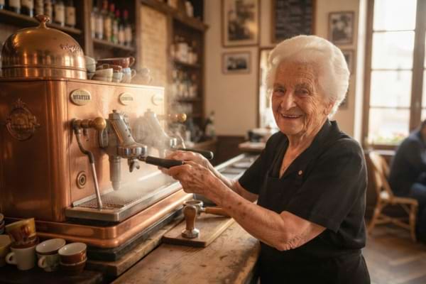 une femme &acirc;g&eacute;e de 101 ans, cheveux blancs soign&eacute;s, portant un tablier de serveuse noir,