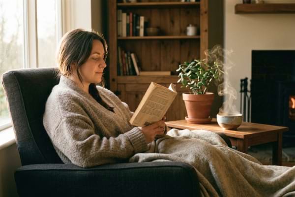 a person relaxing in a cozy living room with a book, while a gentle steam rises from a small ceramic bowl