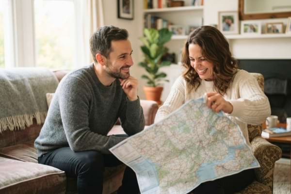 a man smiling warmly and affectionately while watching his partner playfully struggling to fold a large paper map