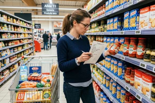 Une personne tenant une liste de courses manuscrite devant un rayon de supermarch&eacute;,