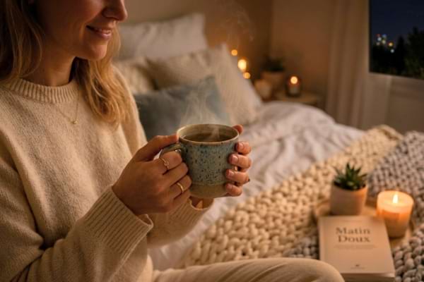 une personne tenant &agrave; deux mains un mug en c&eacute;ramique contenant une infusion fumante