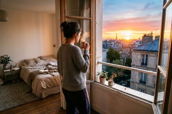 une personne vue de dos, regardant par la fen&ecirc;tre un lever de soleil lumineux en buvant une tasse de th&eacute; fumante
