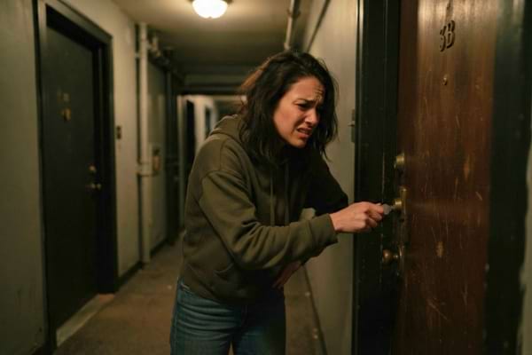 A frustrated person standing in a dark hallway outside an apartment, holding a key that won't go into the lock