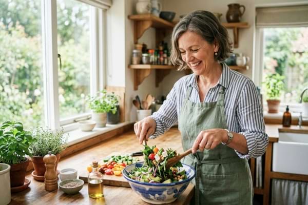 femme de 50 ans rayonnante, préparant une salade colorée