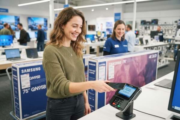 ne personne souriante achetant un grand téléviseur dans un magasin d'électronique en posant simplement son smartphone