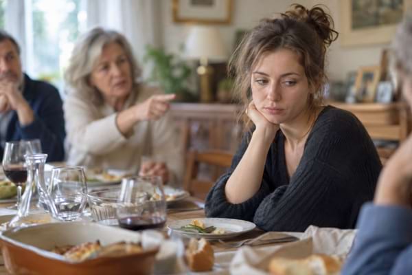 une jeune femme soupirant discrètement lors d'un repas de famille