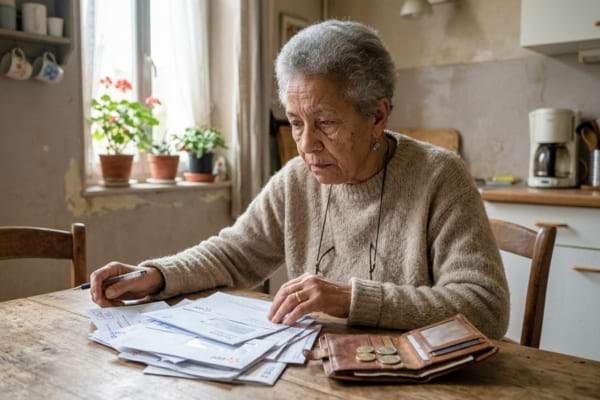 Une femme de 70 ans, l'air fatigué mais digne, assise à une petite table de cuisine.